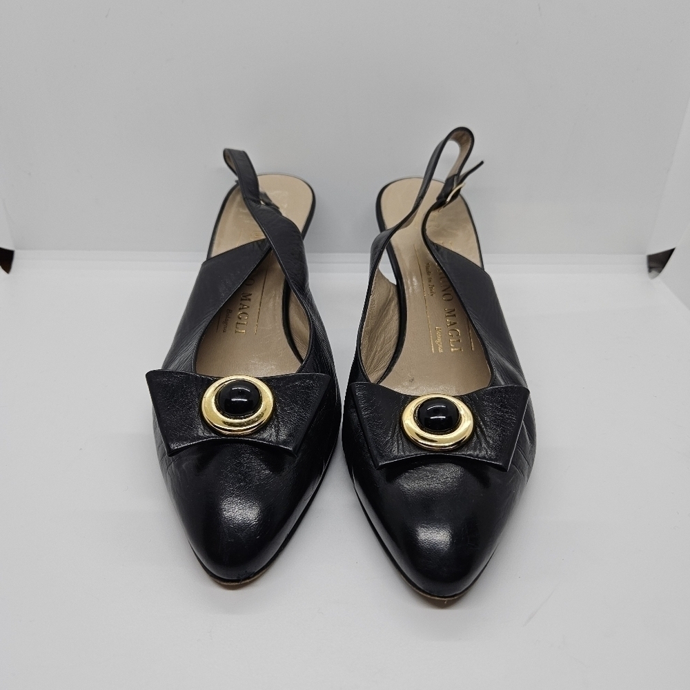 Bruno Magli vintage black leather slingback kitten heels with bow detail 7.5B